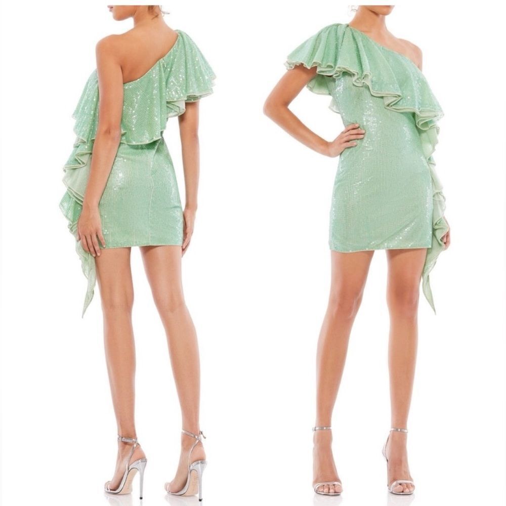 Mac Duggal Sage Sequin One Shoulder Ruffle Mini Dress NWT